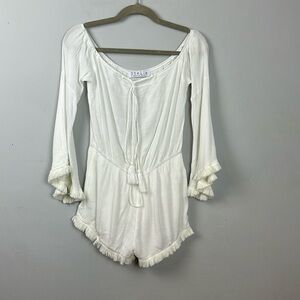 Stella Laguna Beach White Bell Sleeve Fringe Romper Sz M